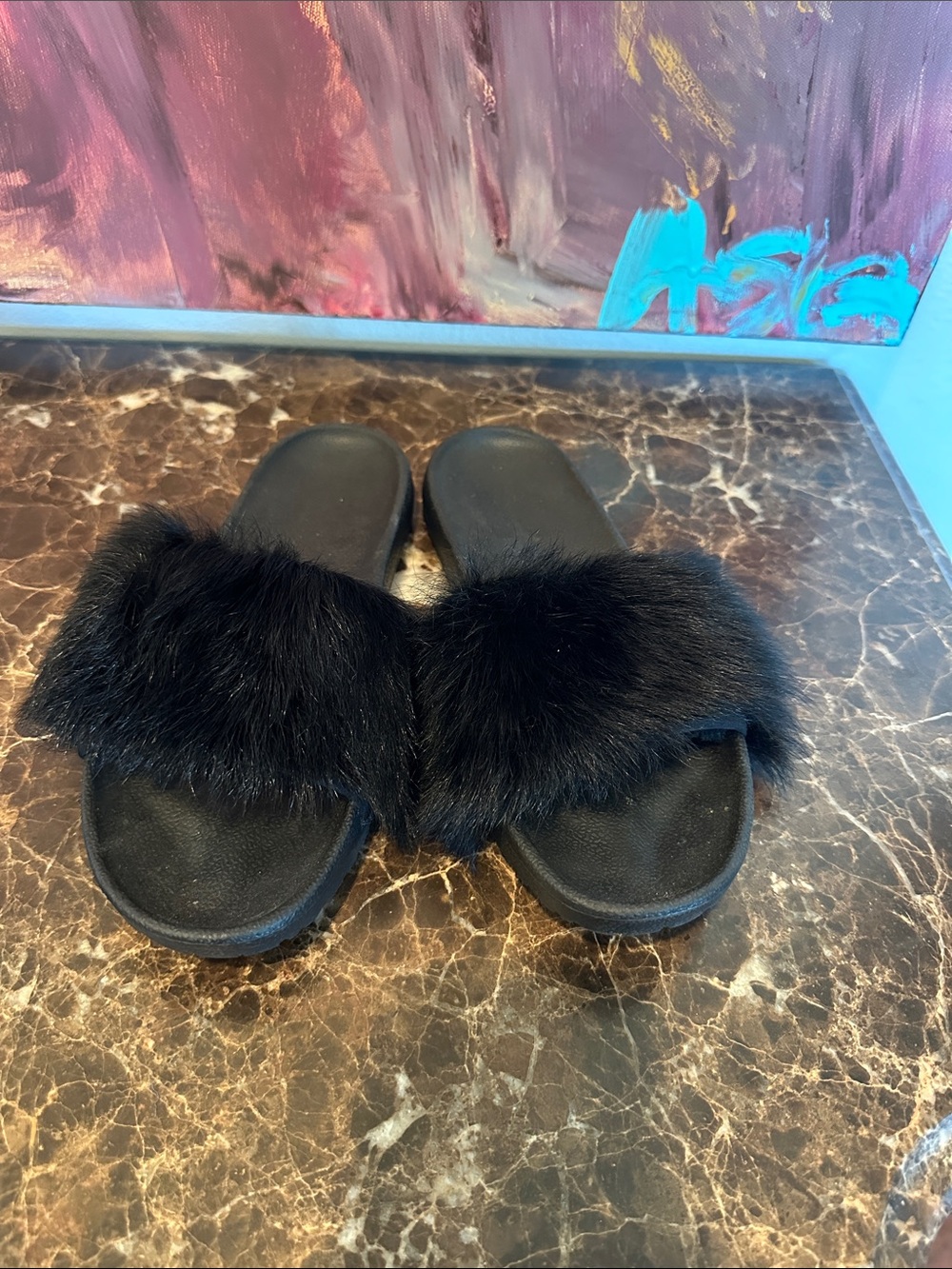 UGG Black Fur Slide Sandals